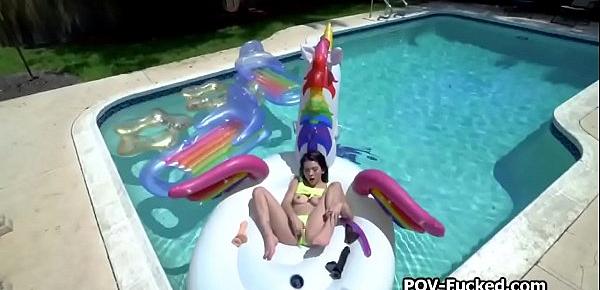  Fucking girlfriend on inflatable pool swan